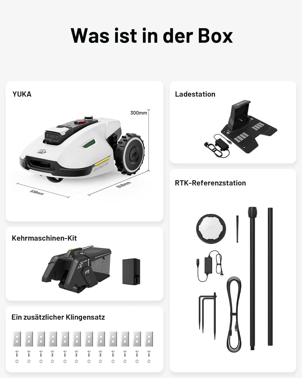 MAMMOTION YUKA Mini 700 Mähroboter ohne Begrenzungskabel, NetRTK+Vision, Keine RTK-Antenne erforderlich, Auto-Kartierung, Empf. 700m², Max. 1100m², mit 4G-Modul, 50% Steigung