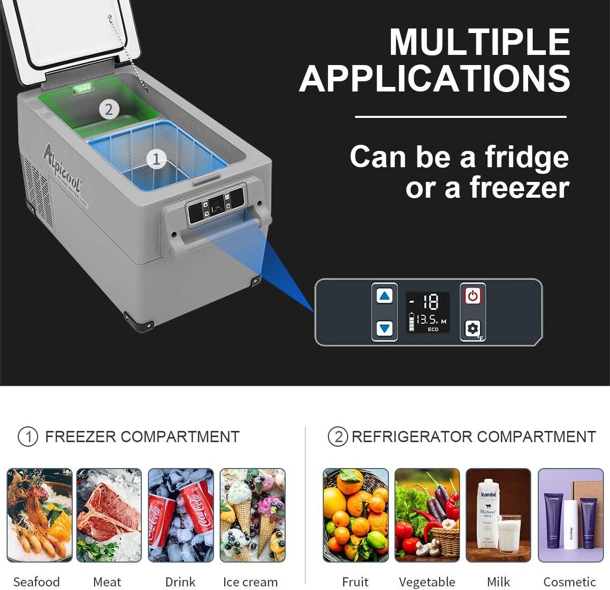 Alpicool CF55 55 Liter Kühlbox 12V tragbarer Mini-Kühlschrank elektrische Gefrierbox klein Gefrierschrank für Auto Camping, LKW, Boot und Steckdose mit USB-Anschluss, -20℃ bis 20℃
