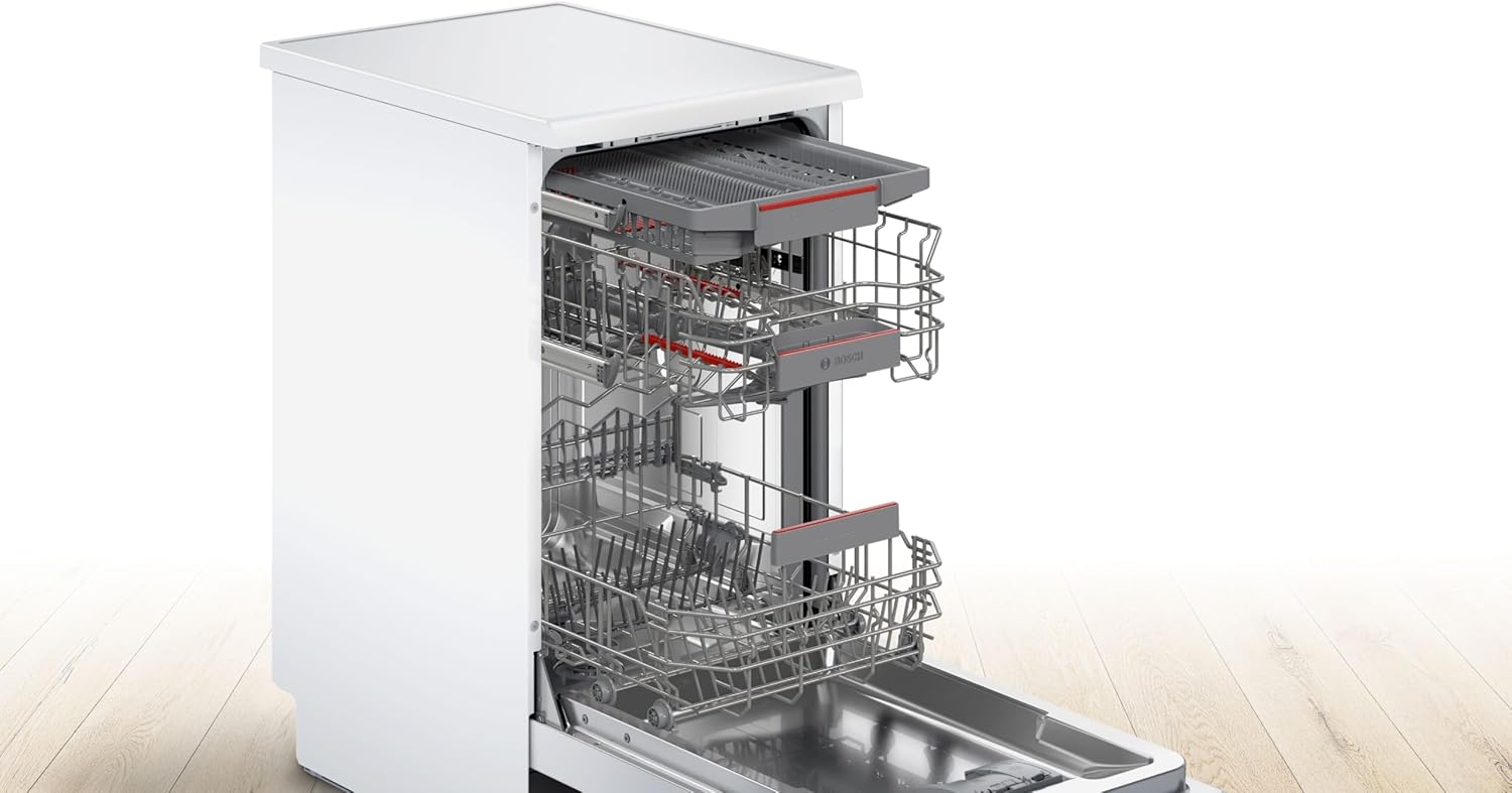 Bosch SPV2IKX10E Serie 2 Smarter Geschirrspüler vollintegriert, 45 cm breit, Besteckkorb, Extra Trocknen auf Knopfdruck, InfoLight roter Lichtpunkt am Boden, AquaStop Schutz gegen Wasserschäden, Weiß