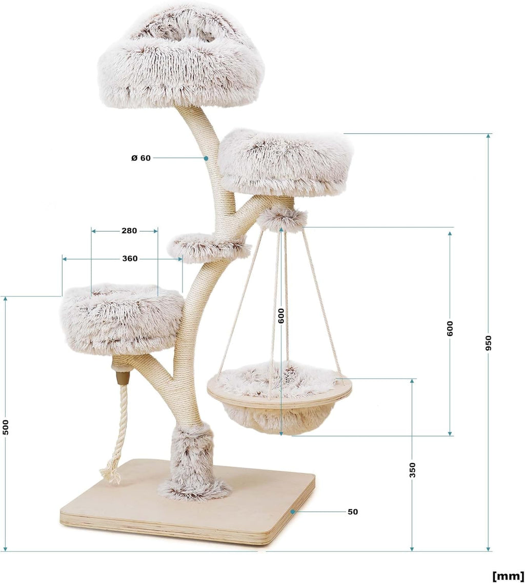 Fudajo Designer Kratzbaum in Zweigdesign 130 cm hoch, Katzenkratzbaum mit Plüsch und Sisal, Kletterbaum für Katzen, Katzenbaum mit Hängeliege