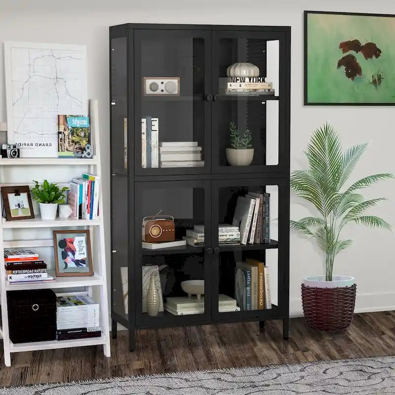 Four Glass Door Storage Cabinet with Adjustable Shelves and Feet Cold-Rolled Steel Sideboard Furniture