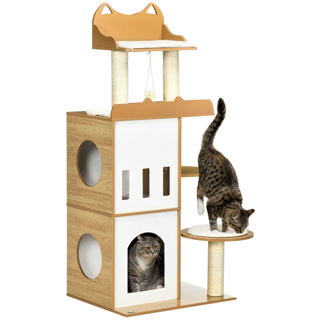 PawHut Kratzbaum Katzenmöbel mit Sisal-Kratzstämmen und Spielball Eiche Weiß