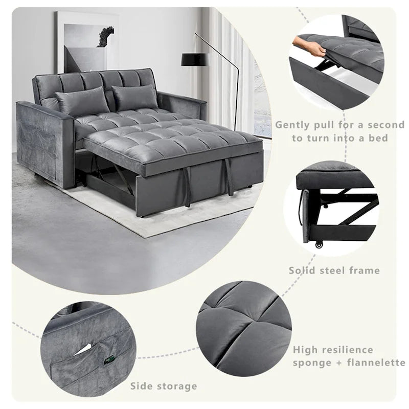 Modern Velvet Futon Loveseat with Reclining Backrest & Pockets, Seats 2 �?Dark Gray / Light Gray / Blue / Black