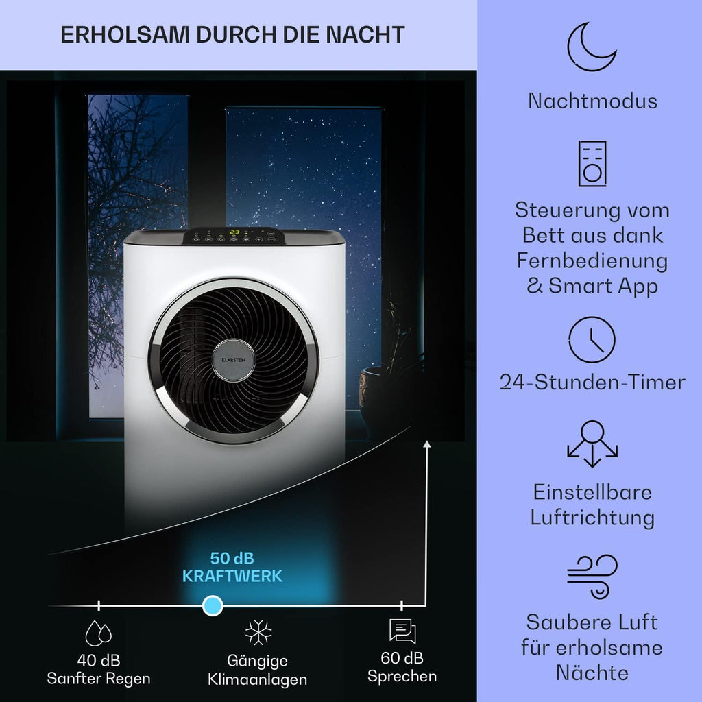 Klarstein Mobile Klimaanlage mit Abluftschlauch, 5-in-1 Klimagerät, Ventilator, Luftentfeuchter, Luftreiniger & Nachtmodus, App-Steuerung, Kleine & Portable, für Wohnung & Büro, 12000 BTU
