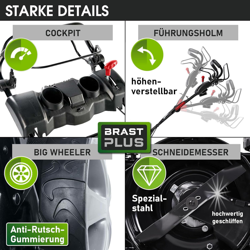 BRAST® Benzin Rasenmäher mit Antrieb | 5,2kW (7PS) | 55cm Schnittbreite | viele Modelle | TÜV | 30-80mm Schnitthöhe | 60L Fangkorb | 4 Takt OHV Motor | Stahlgehäuse | Power