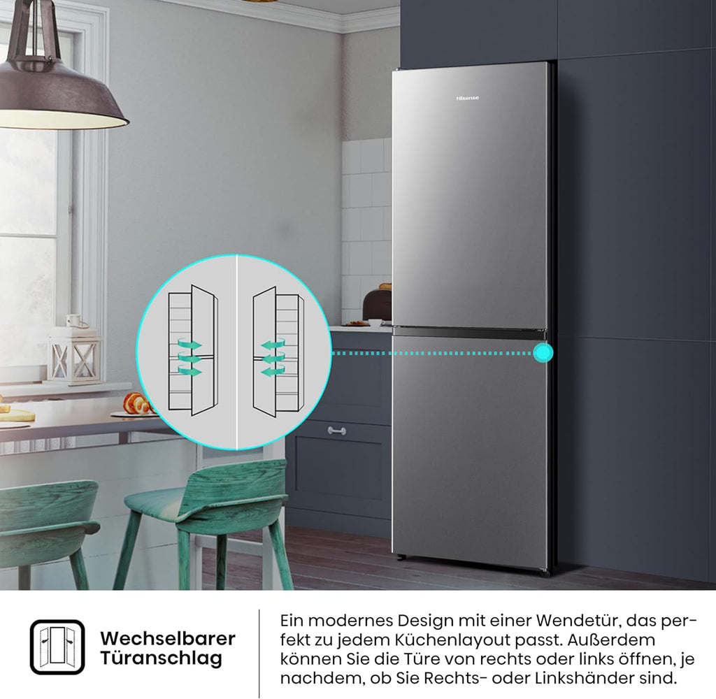 Hisense RB327N4ADD Fridge-Freezer Combination, EEK D, Total NoFrost, Interchangeable Door Hinge, Bottle Grid, 171 Litre Fridge Compartment, 85 Litre Freezer Compartment, Stainless Steel Look