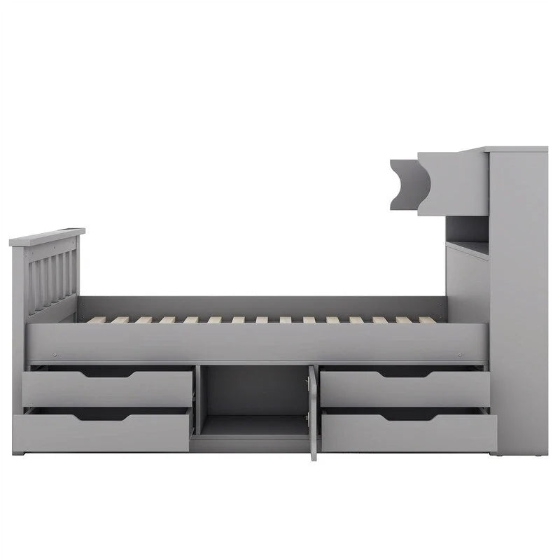 Twin/Full Size Captain Platform Bed with 4 Drawers and Storage Shelves, Solid Wood Bed Frame with Storage Bookcase Headboard