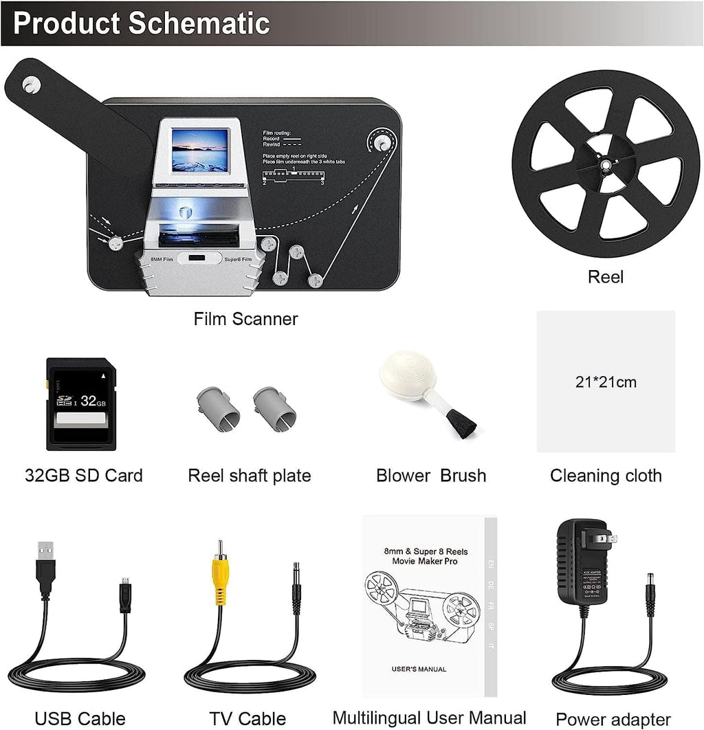 Super 8 Film Scanner, Converts Film in Digitales Video(3, 5, 7 und 9 Super 8/8 mm Film Rollen) MovieMaker/Film Digitizer, Super 8 Digitalisieren, mit 32 GB Speicherkarte und 2,4 LCD