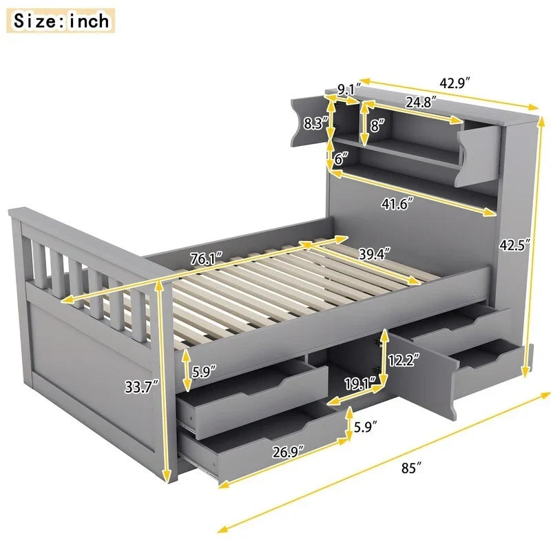 Twin/Full Size Captain Platform Bed with 4 Drawers and Storage Shelves, Solid Wood Bed Frame with Storage Bookcase Headboard