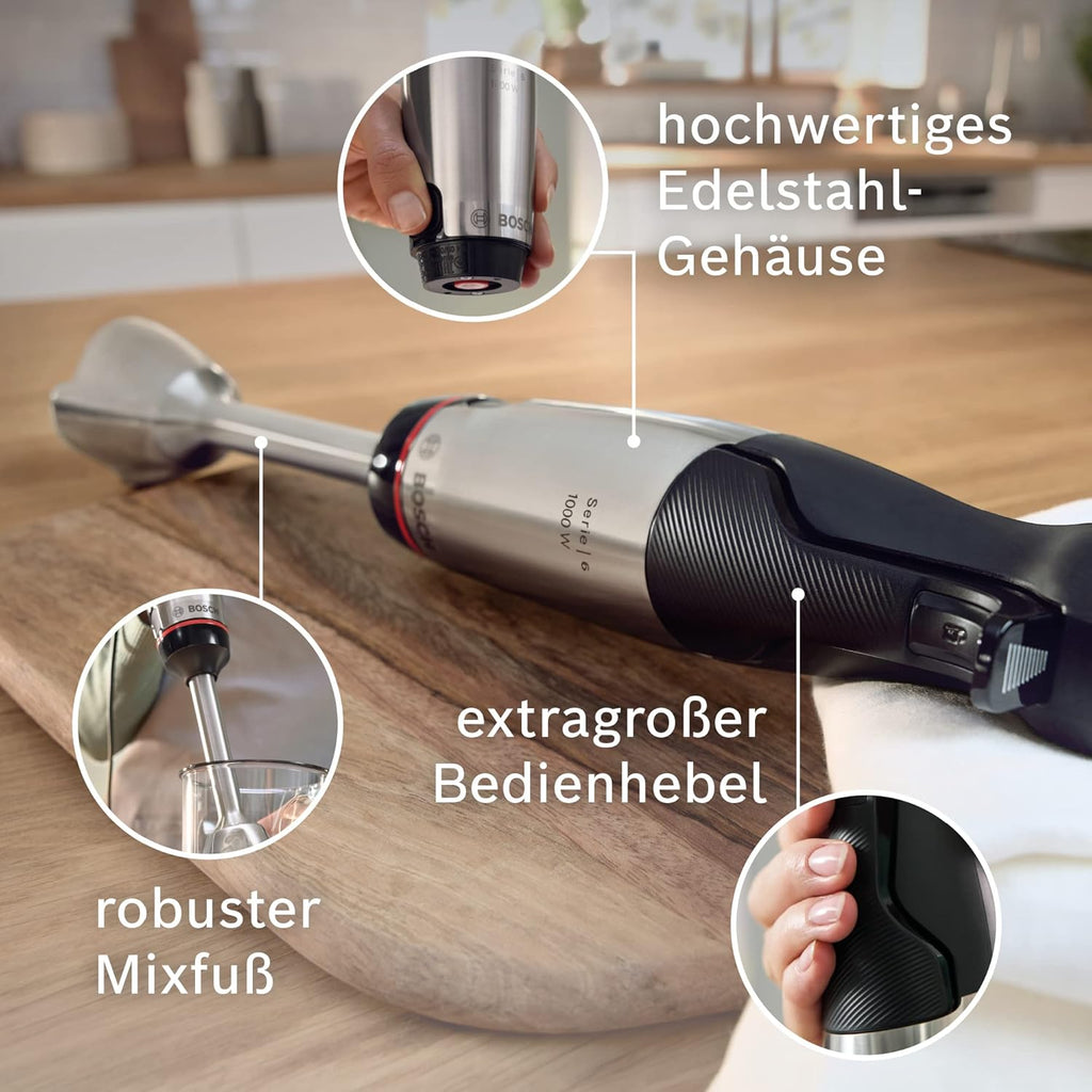 Bosch Stabmixer ErgoMaster Serie 6 MSM6M673, 10 Jahre Motorgarantie, Edelstahl-Klingen, verschleifreie Keramik-Kupplung, Luftkühlung, Zerkleinerer, Kartoffelstampfer, Schneebesen, 1000 W