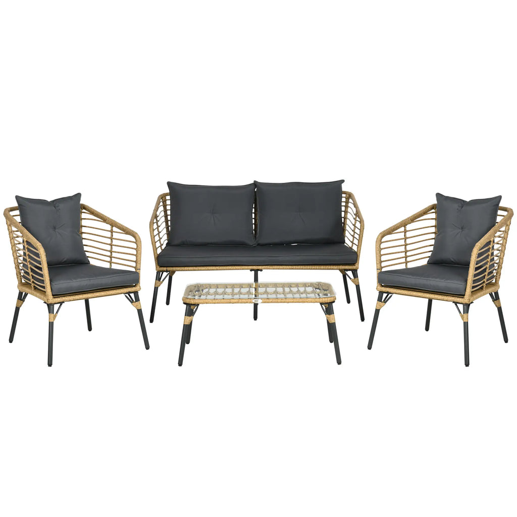 Outsunny Polyrattan Gartensofa-Set 4-tlg. Boho-Stil Glas-Couchtisch