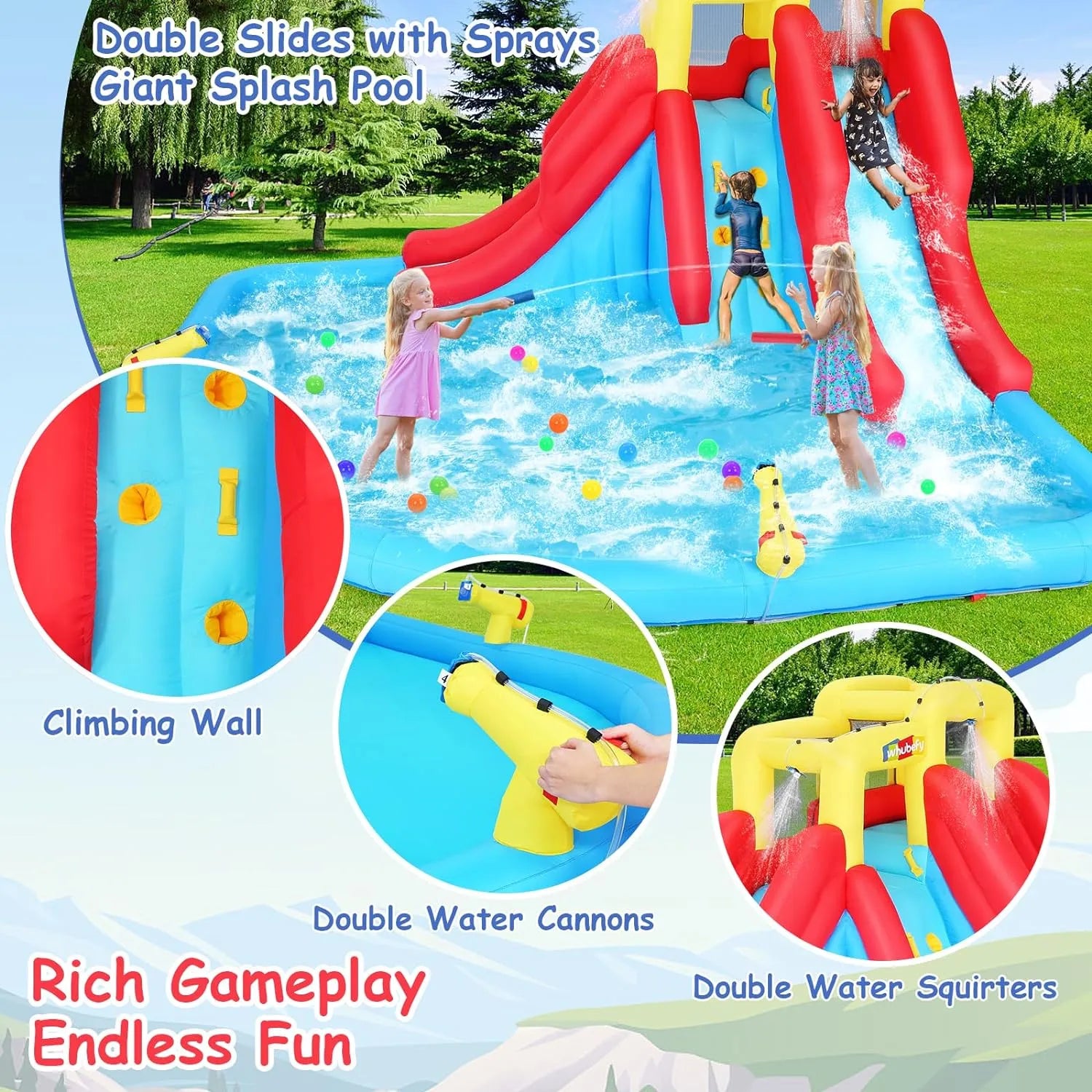 Aufblasbare Wasserrutschen für Kinder, 8-in-1-Hüpfburg-Wasserpark mit 450-W-Gebläse, Kletterwand, Planschbecken, 2 Wasserkanonen, Basketballkorb, Wasserrutsche, Krokodilsprinkler als Geschenk für eine Gartenparty