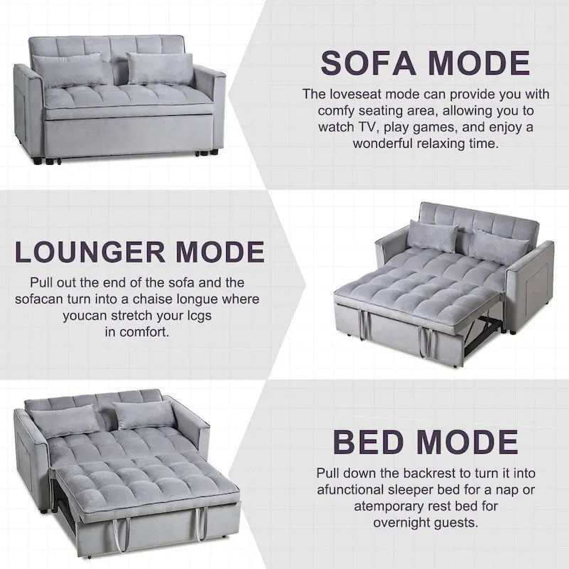 Modern Velvet Futon Loveseat with Reclining Backrest & Pockets, Seats 2 �?Dark Gray / Light Gray / Blue / Black