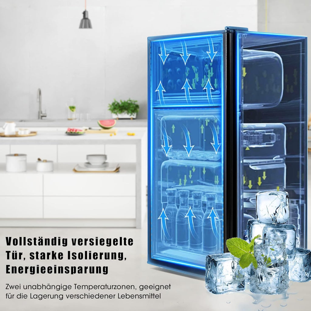 Merax Kühlschrank mit Gefrierfach, Kühl-Gefrierkombination, klein Kühlschrank mit 51L und Gefrierschrank 21L, Leise, LED, Glasablagen, Gemüsefach, Türablagen, für Küche, Wohnzimmer, Büro, Schwarz