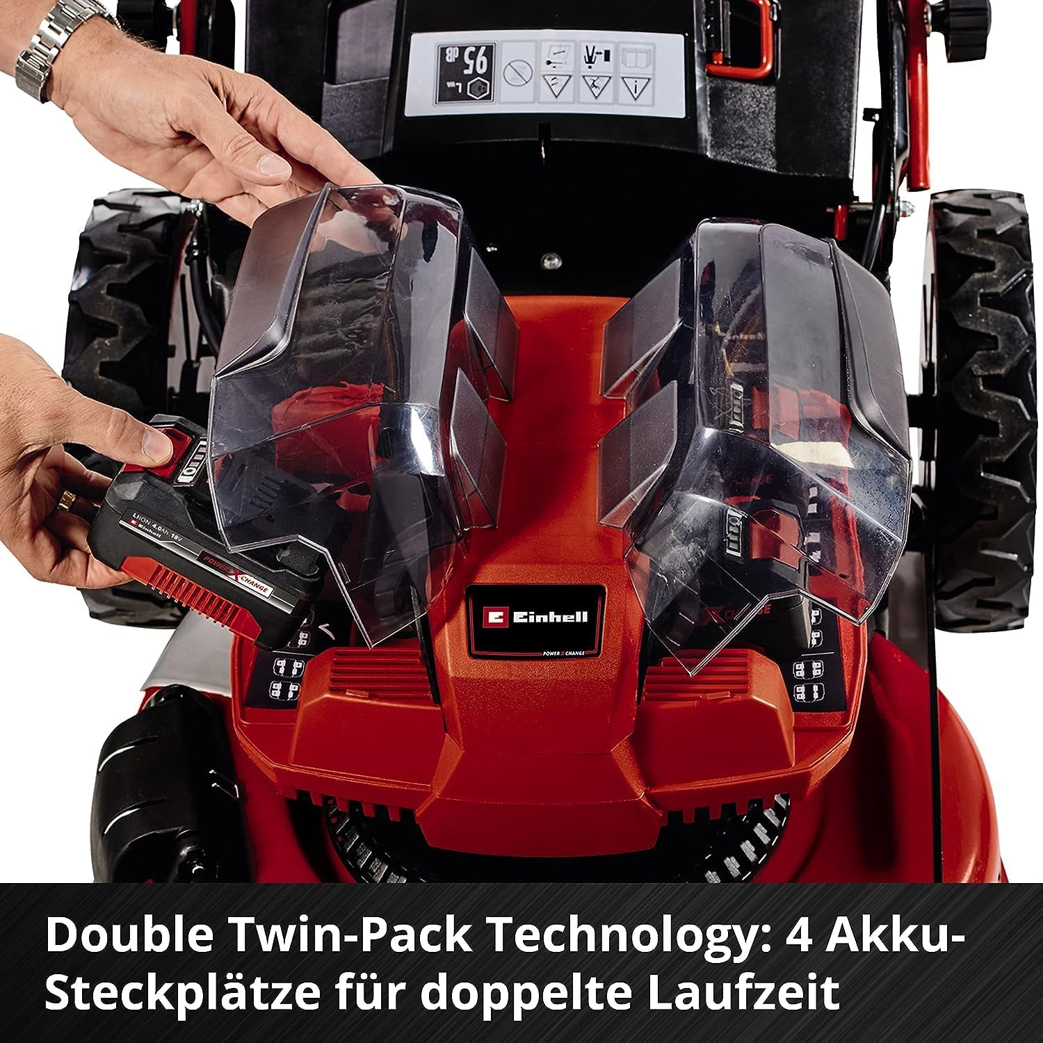 Einhell Akku-Rasenmher GE-CM 36/47 S HW Li Kit Power X-Change (36 V, 47 cm Schnittbreite, bis 700 m, Brushless, Radantrieb, 75 L Fangkorb, inkl. 4x 4,0 Ah + 2x Twincharger)