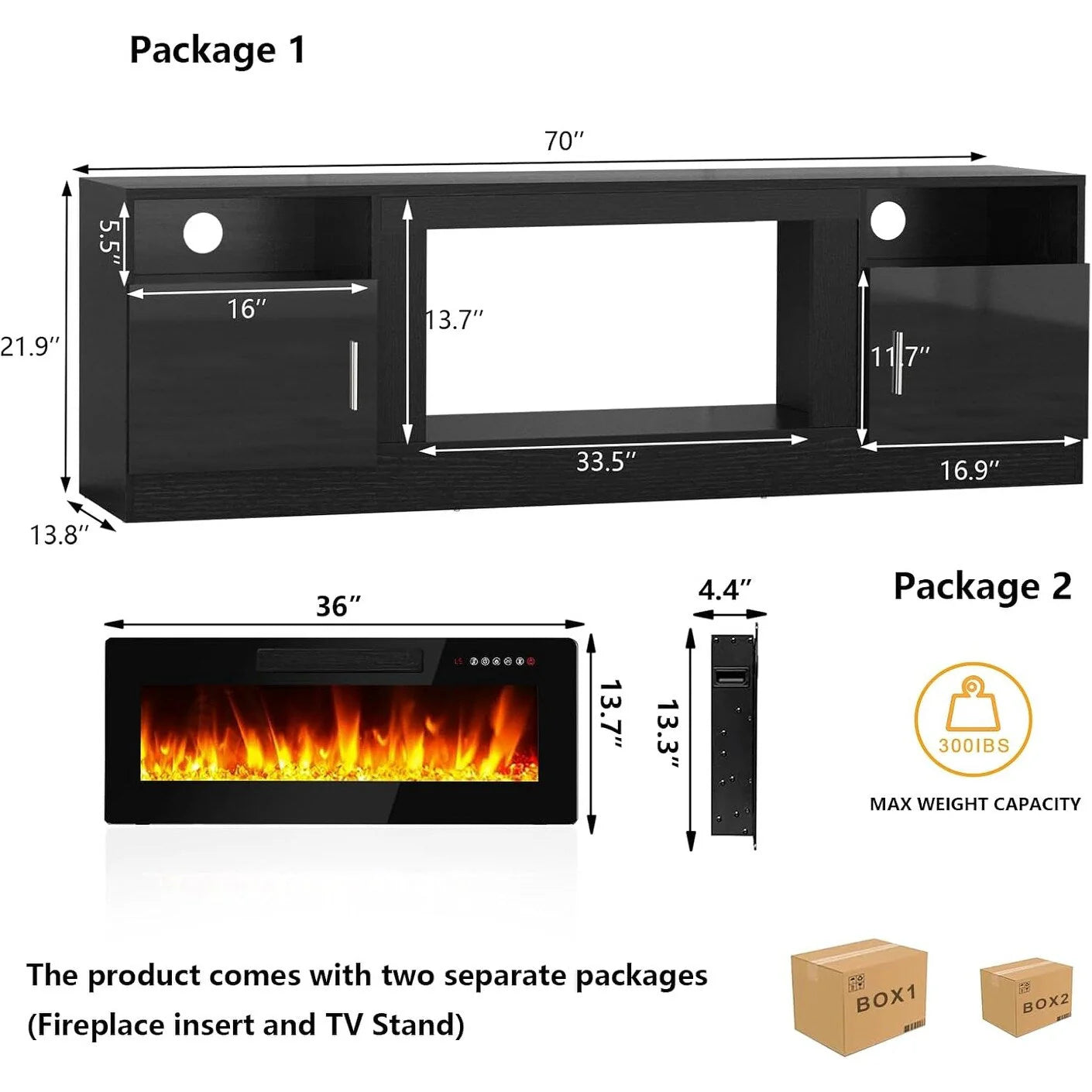 Bossin 70 Fireplace TV Stand with 36 Electric Fireplace, TV Stand for TVs Up to 80, 16 Colors LED Lights/Entertainment Center