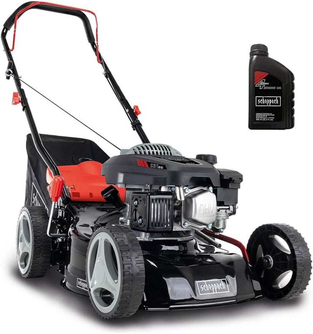 Scheppach Rasenmäher RM420 | 3in1-3,4PS | Schnittbreite 420mm | 45L Fangkorb | Schnitthöhenverstellung 25-75 mm | inkl. Motoröl