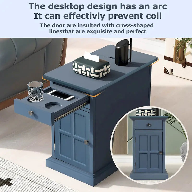 Classic Vintage End Table Side Table with USB Ports and 1 Multifunctional Drawer with Cup Holders