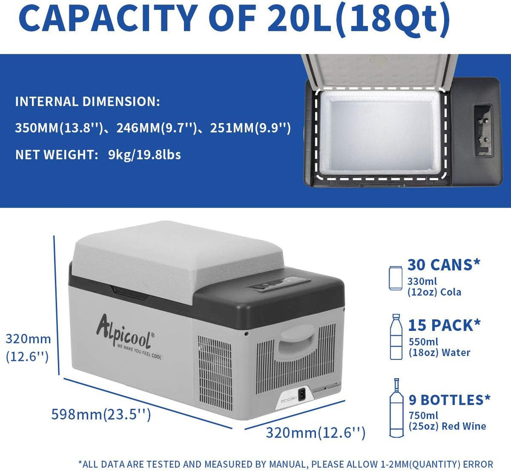 Alpicool C12 12L Cool Box 12 V Mini Fridge Electric Compressor Car Fridge Camping Freezer Box Small Portable for Car, Truck, Boat, RV with USB Connection