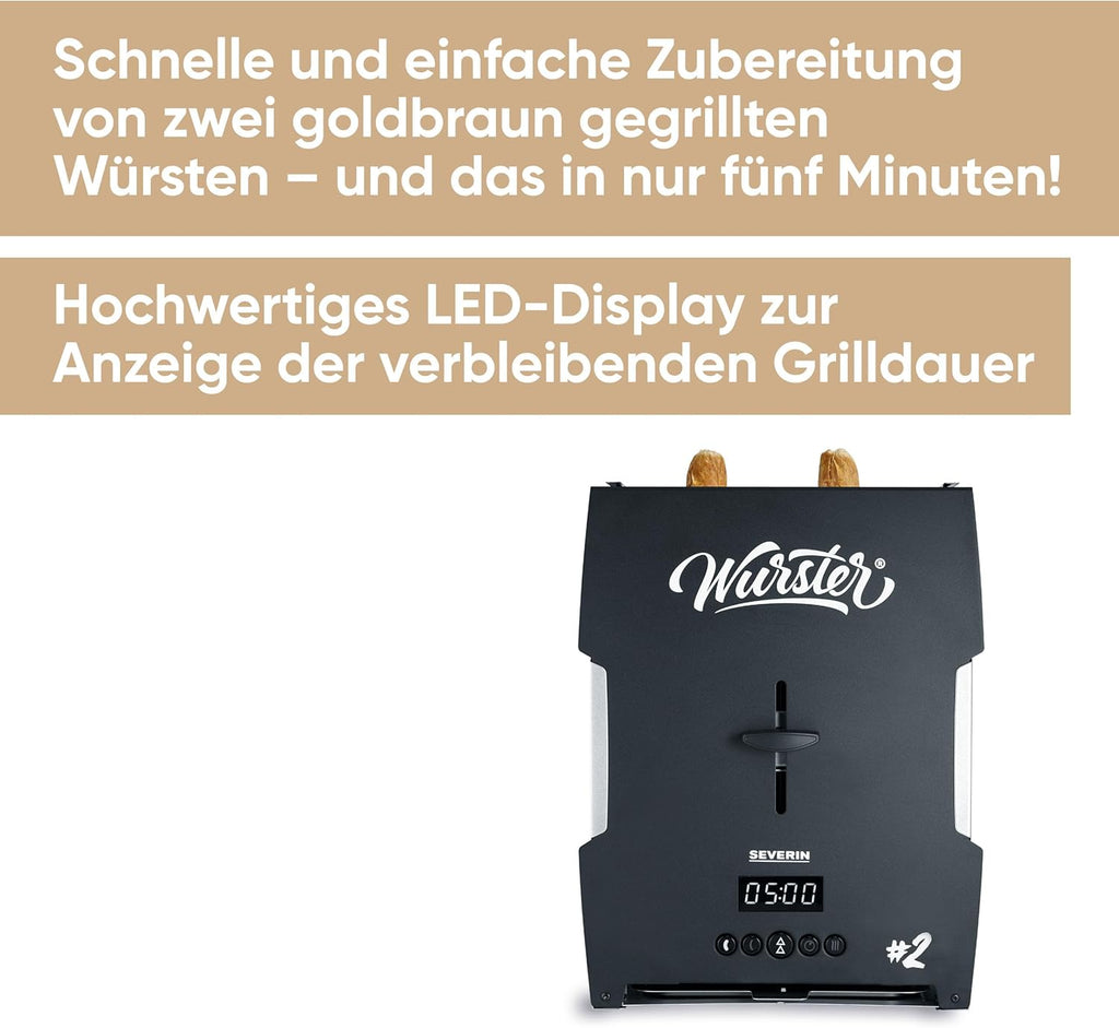SEVERIN WURSTER, perfekt gebräunte Würstchen auf Knopfdruck in nur 5 Minuten, ohne Zugabe von Fremdfett, inkl. Holzzange, Schwarz, Edelstahl/Kunststoff, WT 5005