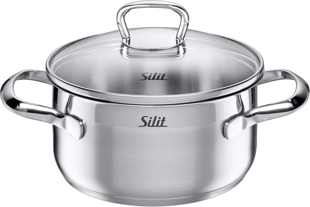 Silit Toskana Topfset induktionsgeeignet 10-teilig, Kochtopf Set mit Glasdeckel, Induktionskochtöpfe, Milchtopf, Dämpfer, Pfanne, Edelstahl teilmattiert, Induktions Töpfe Set unbeschichtet