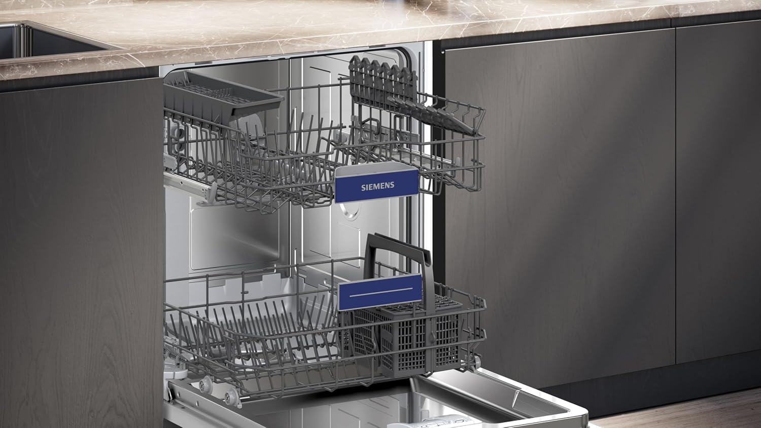 Siemens SN43ES14VE, iQ300 Smarter Geschirrspüler, Unterbau-Spülmaschine mit Besteckschublade, 60 cm, automatische Türöffnung dank autoOpen dry, besonders leise mit iQdrive-Motor, aquaStop, Edelstahl