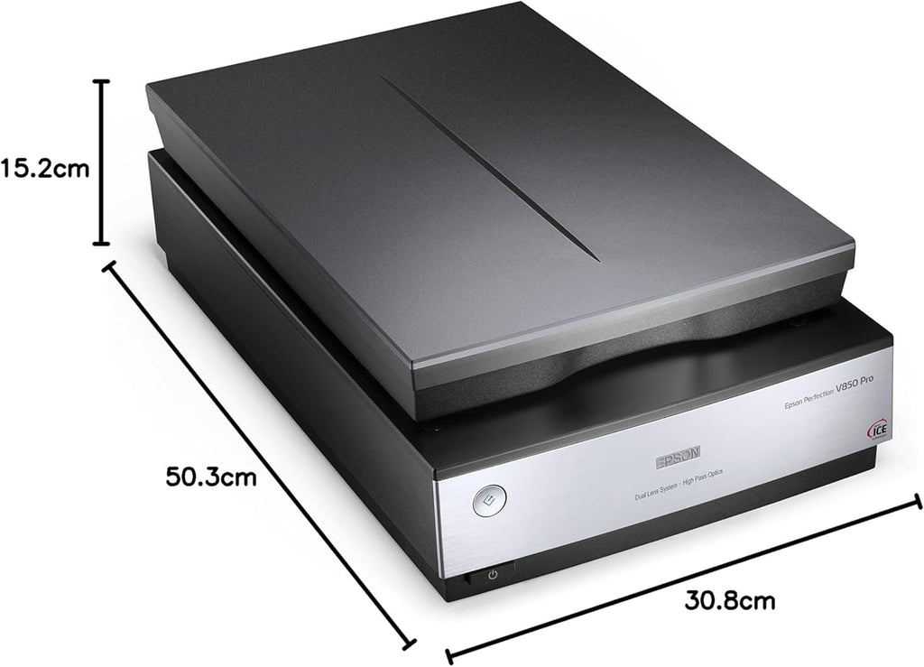 Epson Perfection V850, professioneller Fotoscanner, Scanner zum Digitalisieren von Fotos, Vorlagen, Dias und Negativen, Flachbettscanner mit hoher Auflösung, schwarz/silber