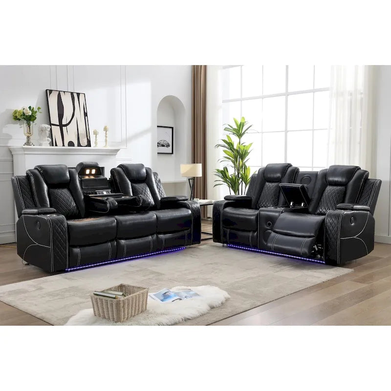 Power Reclining Sofa with Wireless Charger,Reading Light for Living Room,Faux Leather LED Light,AC/USB Port,Cup Holder,Black