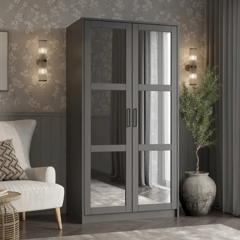 Palace Imports 100% Solid Wood 2-Door Urban Wardrobe Armoire with Solid and Mirrored Doors