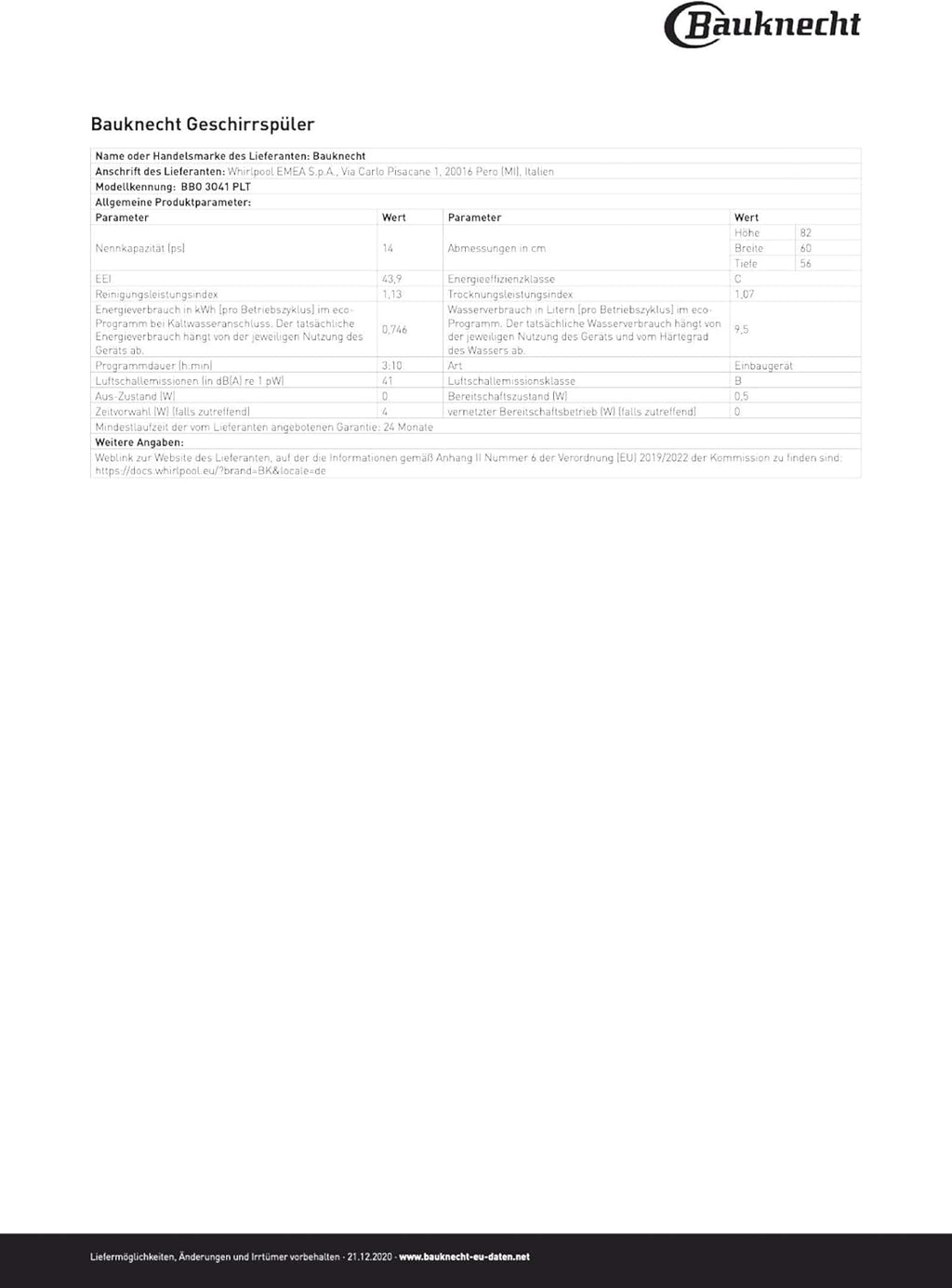 Bauknecht BUO 3O41 PLT X Unterbau-Geschirrspüler 60 cm /14 Maßgedecke /10 Standardprogramme und 1 Sensorprogramm/PowerClean/ActiveDry/Besteckschublade/Vollwasserschutz