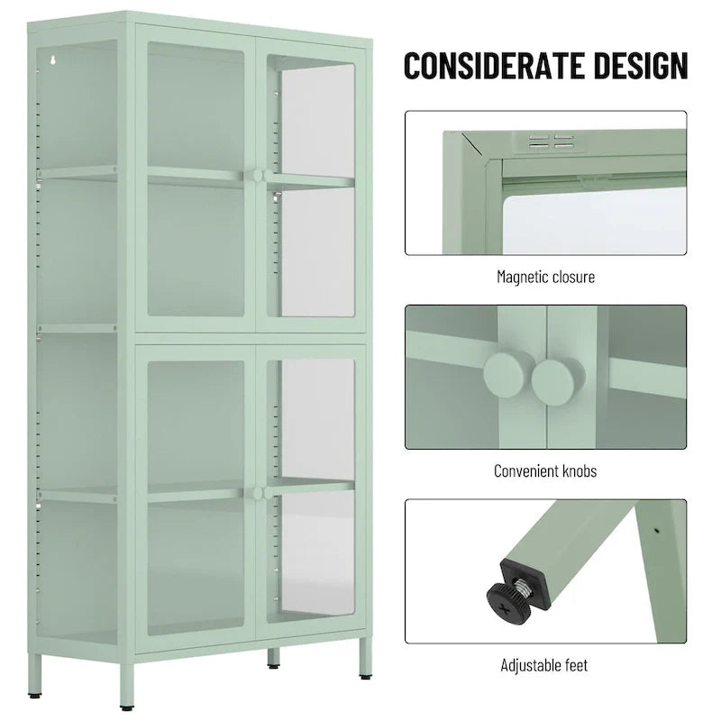 Four Glass Door Storage Cabinet with Adjustable Shelves and Feet Cold-Rolled Steel Sideboard Furniture
