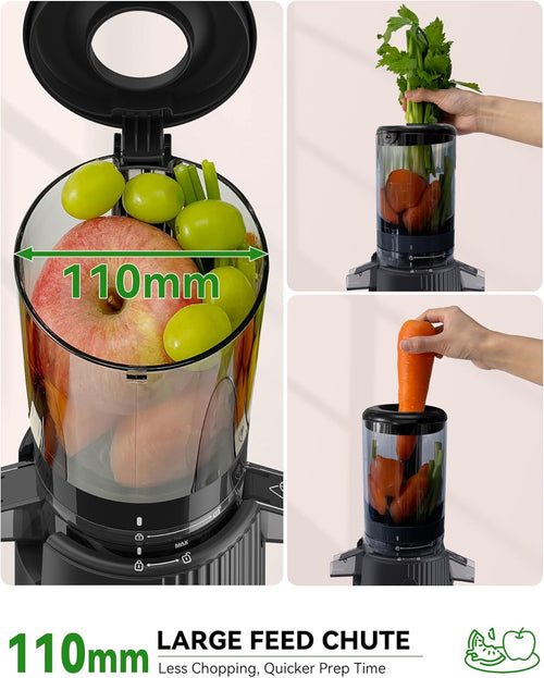 ACOQOOS Entsafter, Entsafter Gemüse und Obst with 110MM Einfüllffnung, Leicht zu Reinigen Slow Juicer Machine with 2 Cups Schwarz