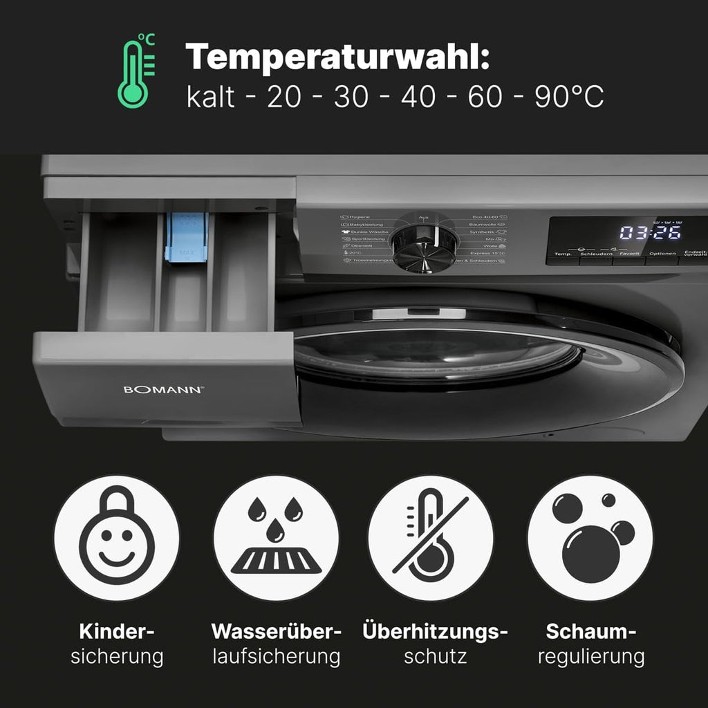 Bomann Waschmaschine 7kg | max. 1400 U/min | 10 Jahre Motor-Garantie | effizienter, leiser & langlebiger Invertermotor | 15 Programme | Endzeitvorwahl | LED-Display | Washing Machine | WA 7175 wei