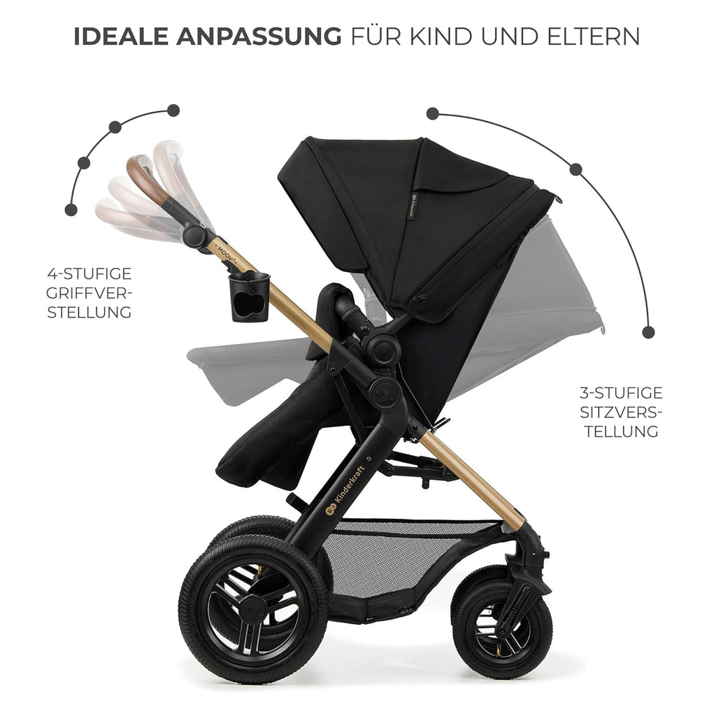 Kinderkraft MOOV2 AIR Kinderwagen 3 in 1 Kinderwagenset bis 26 kg mit Kindersitz I-SIZE 40-75 cm, Buggy Funktion, Liegeposition verstellbar, Große ausziehbare Verdeck, Aufblasbare Räder, Schwarz