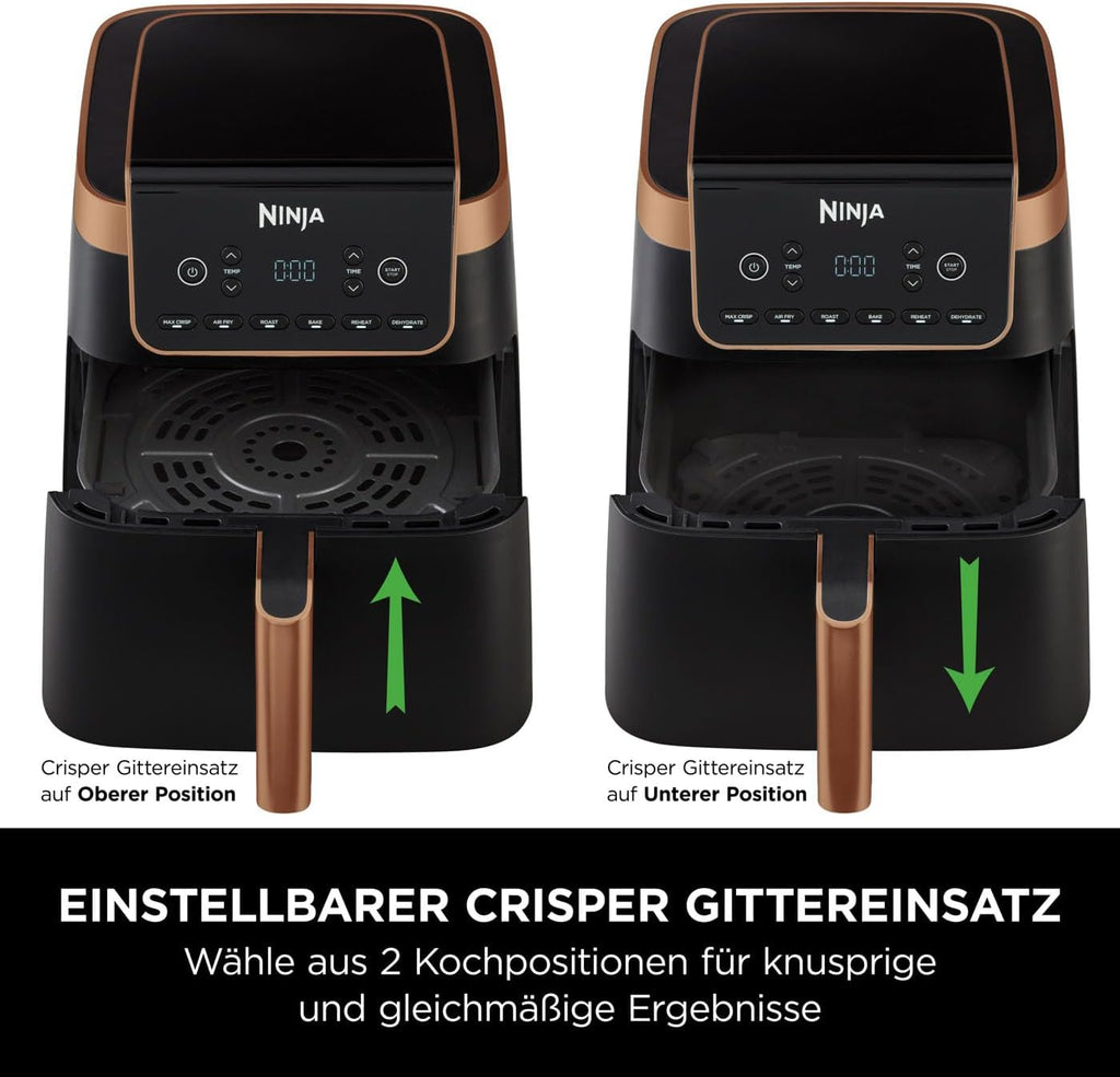 Ninja Heißluftfritteuse MAX PRO, 6,2 L, ölfrei, große Schublade, Rösten, Backen, Air Fry, Antihaftbeschichtet, Spülmaschinenfester Korb & Crisper Gittereinsatz, Silikonzange, Schwarz/Kupfer, AF180EUCP