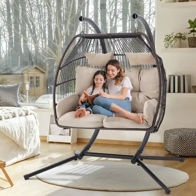 Outdoor Swing Loveseat with Stand, Foldable Hanging Chair, Hammock Cushion, and Awning, Double Egg Chair - Beige