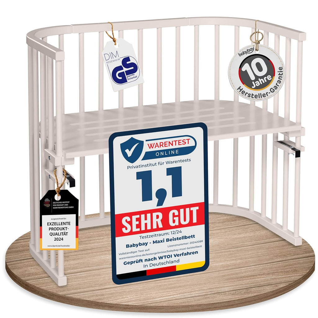 babybay Original Beistellbett aus massivem Buchenholz / kompakt & verwandelbar / Kinderbett Höhe stufenlos verstellbar & umweltfreundlich / mitwachsendes Babybett (weiß lackiert) / inkl. Matratze