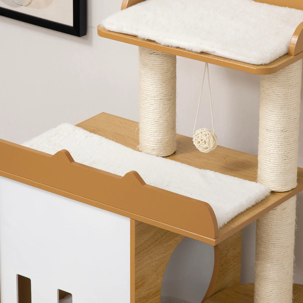 PawHut Kratzbaum Katzenmöbel mit Sisal-Kratzstämmen und Spielball Eiche Weiß