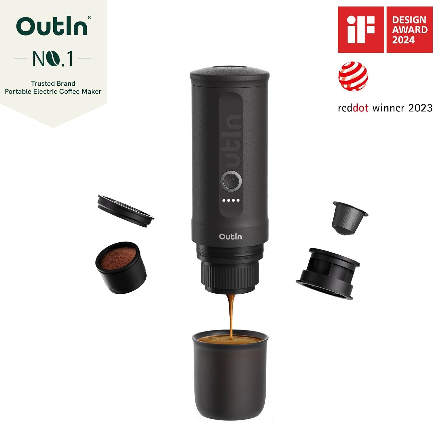 OutIn Nano Tragbare Espressomaschine mit Akku, für unterwegs oder Camping, Kaffeemaschine to go, mit elektrischer Selbsterhitzung über USB - C, 2 in 1 für gemahlenen kaffee und NS - kapseln