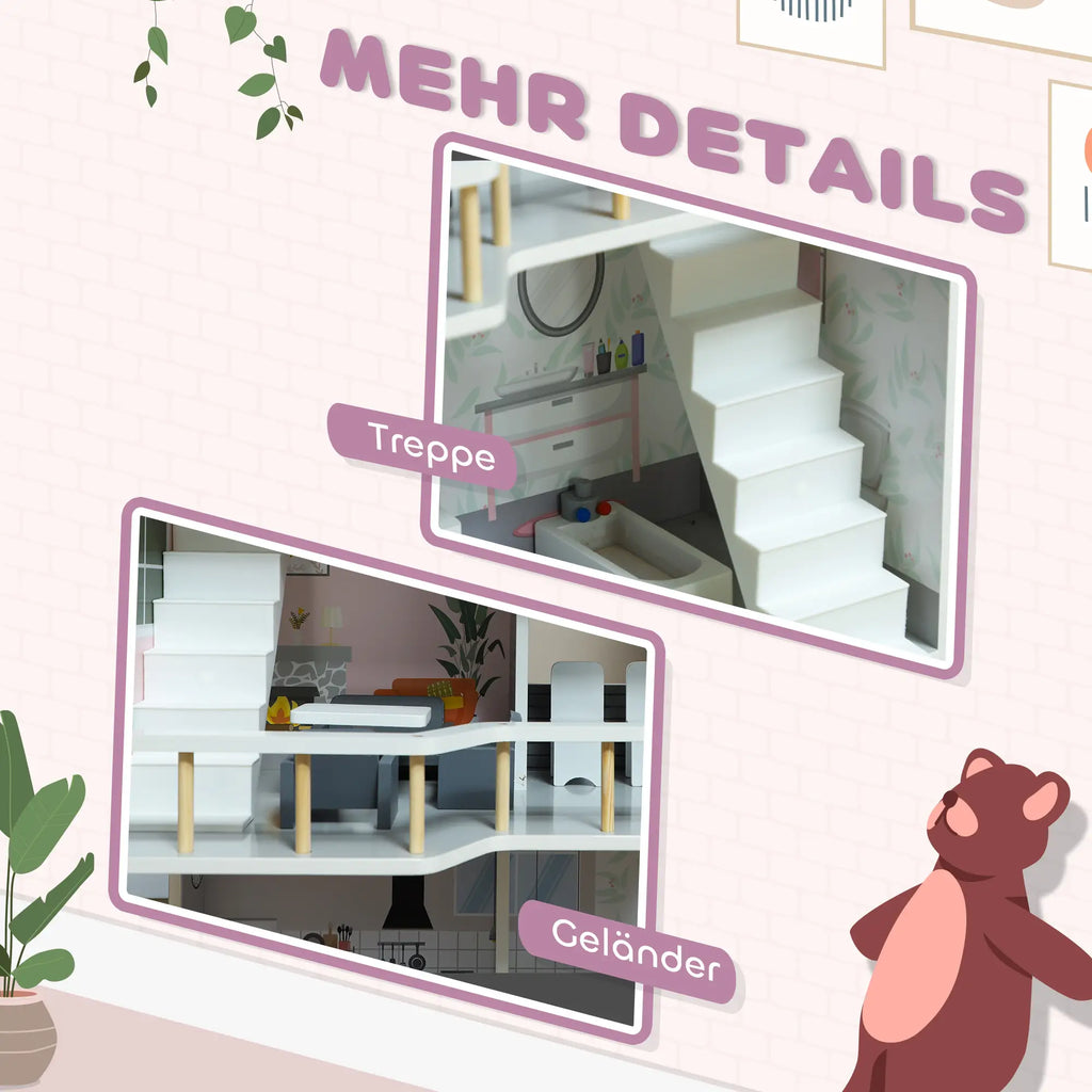 AIYAPLAY Puppenhaus Holz 3-stöckig mit 13 Möbeln offenes Spiel