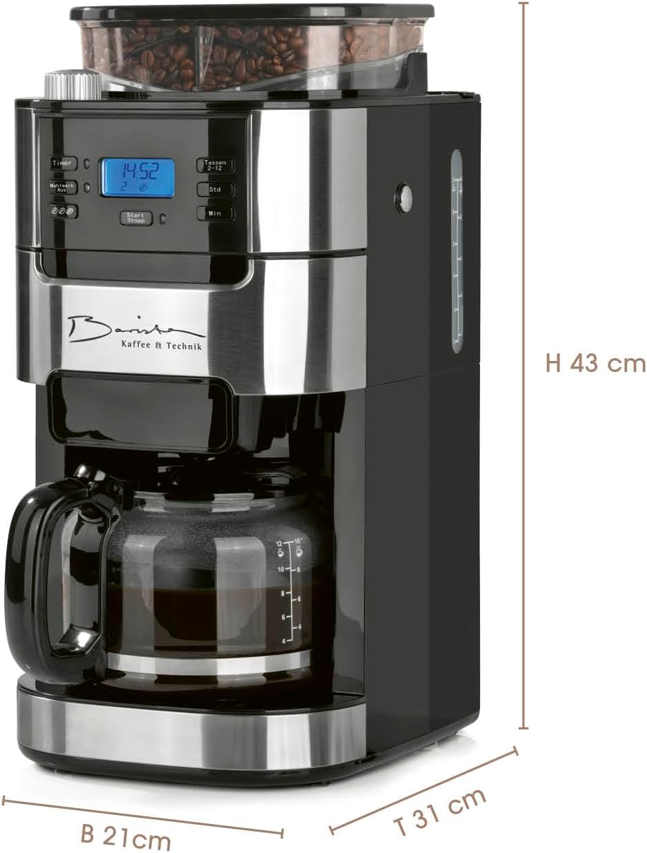 Barista Filterkaffeemaschine mit verstellbarem Mahlwerk & Thermokanne | Warmhaltefunktion, 24h Timer & Permanentfilter | Für 10 Tassen Kaffee | Kaffeemaschine für Bohnen & Pulver [Edelstahl]