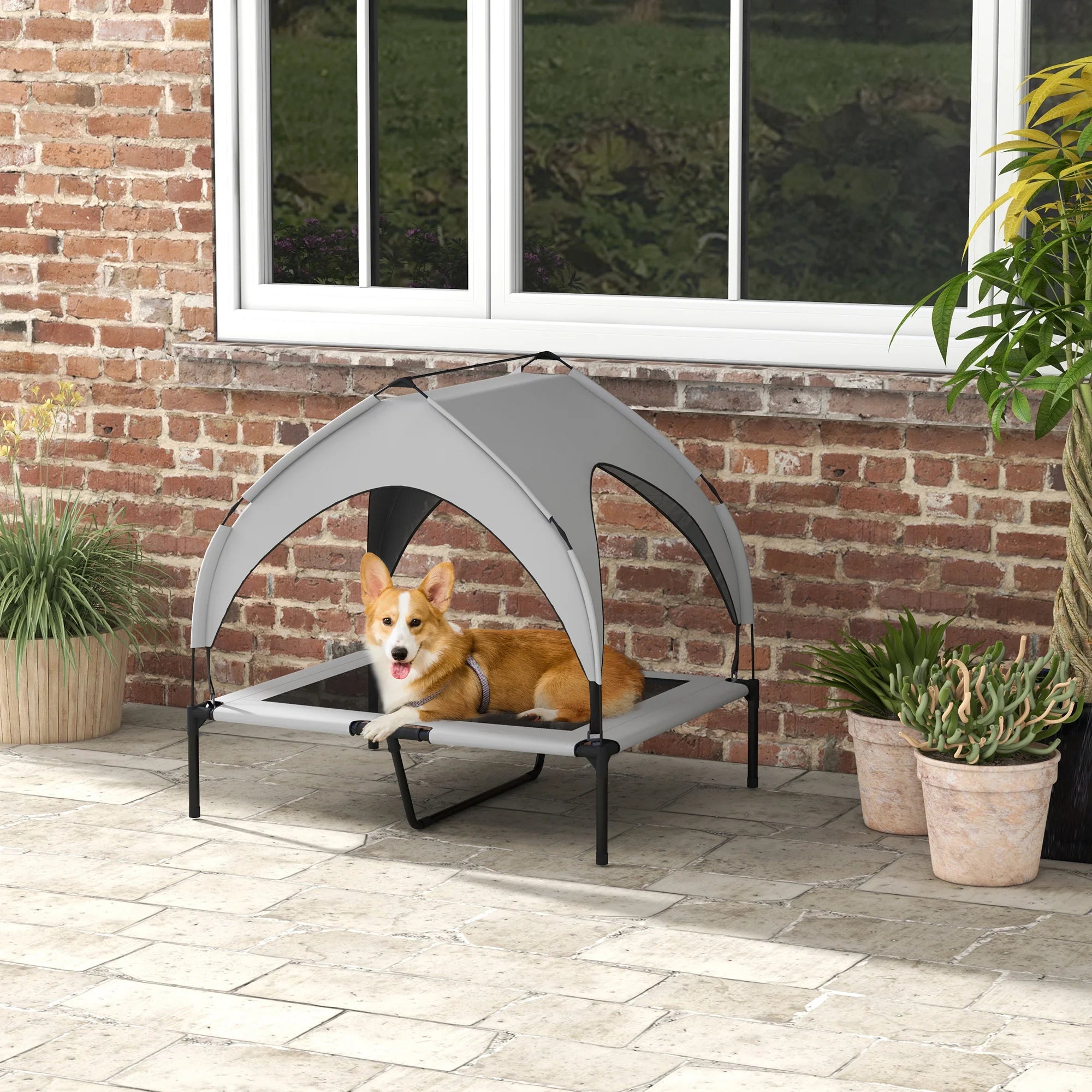 PawHut Erhöhtes Hundebett Outdoor mit Dach – Hellgrau, atmungsaktiv
