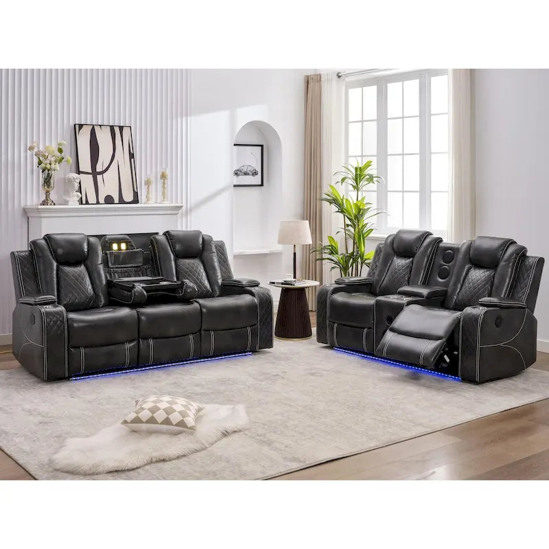 Power Reclining Sofa with Wireless Charger,Reading Light for Living Room,Faux Leather LED Light,AC/USB Port,Cup Holder,Black