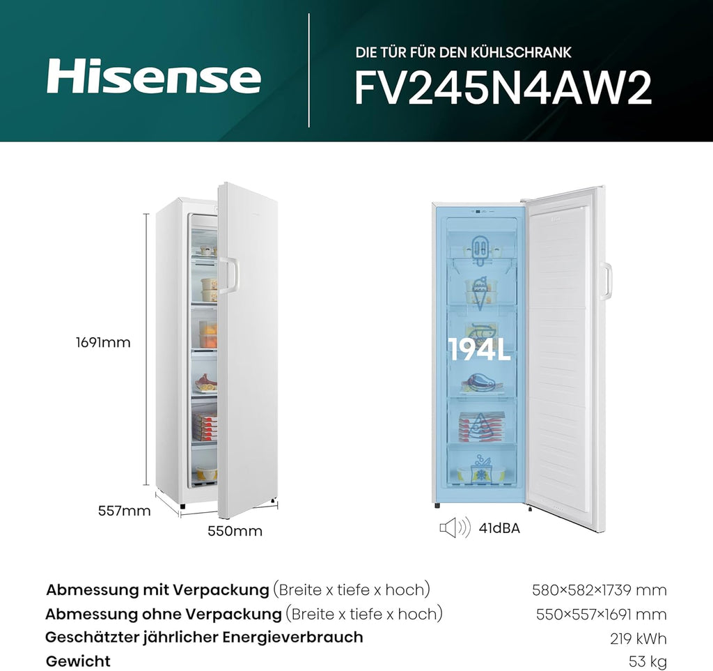 Hisense FV191N4AW2 Gefrierschrank/ TotalNoFrost/ SuperFreeze/ Türalarm/ Multiflow 360°/ BigBox/ 143,4 cm/ Gefrierteil 147 l/ 41 dB/ 205 kWh/Wei