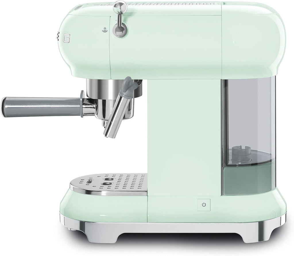 Smeg, ECF01WHEU Manual Espresso -Maschine, Cappuccino -System, Thermoblock, große Tassengehäuse und Doppelkaffeefunktion, 1 l Wassertank, kompakte Abmessungen, 1350W, Weiß