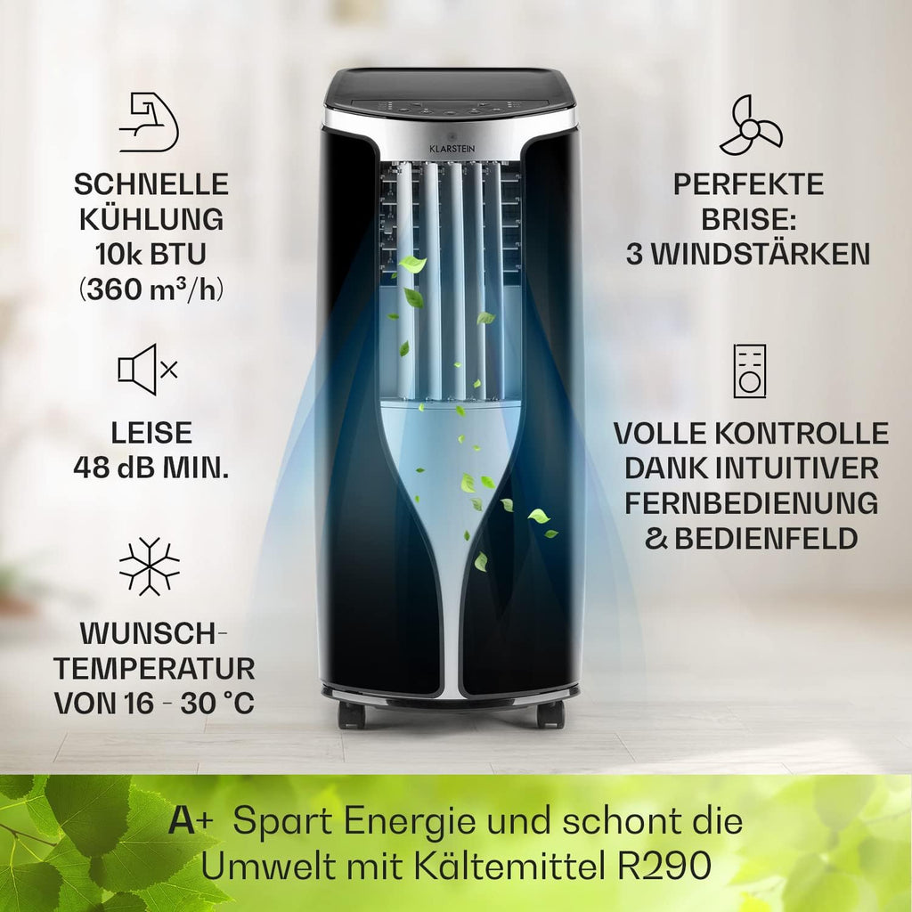 Klarstein Mobile Klimaanlage mit Abluftschlauch, 3-in-1 Klimagerät mit Ventilator & Luftentfeuchter, Kleine & Portable Klimaanlage für Wohnung & Büro,10000 BTU AC mit Niedrigem Verbrauch