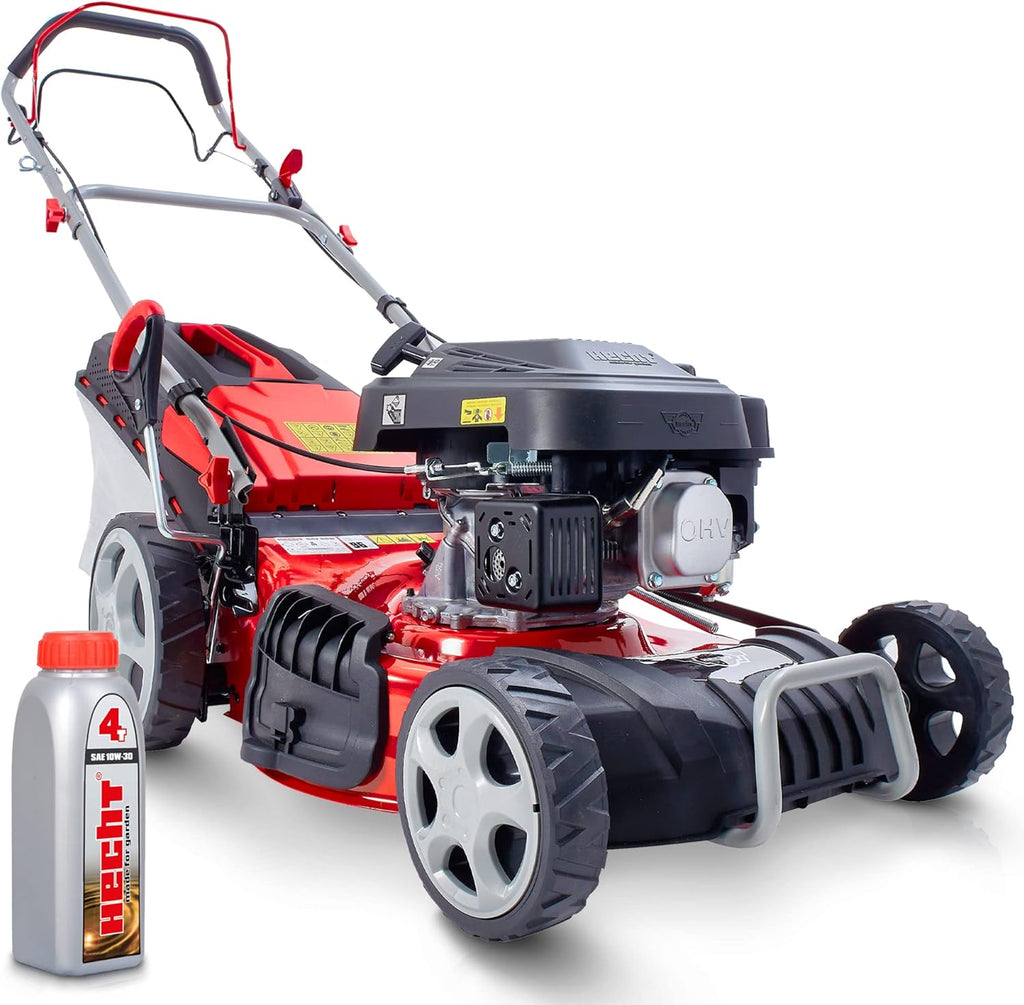 HECHT 5IN1 Rasenmäher Benzin – Bequemer Selbstantrieb - Für Flächen bis 1000 m² - Starker 4 Takt Motor mit 46 cm Schnittbreite – Radantrieb – Mulchfunktion – Seitenauswurf - Rasenmäher Benzin