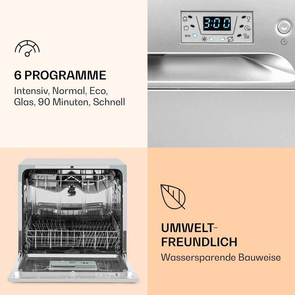 Klarstein ia 8 - Spülmaschine, Geschirrspüler, Freistehend, Teilintegriert, F, 55 cm breit, 8 Maßgedecke, 6 Programme, Aquastop, silber