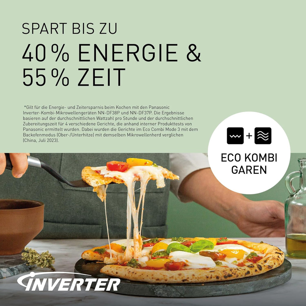 Panasonic NN-DF38PBEPG Kombi-Mikrowelle & Grill, 1000 W, 23 l, Inverter-Tech, Eco Kombi Modus, Flachbett, 16 Auto-Programme & Auftau-Modi, emailliertes Blech, Gitterrost, leichte Reinigung, Schwarz