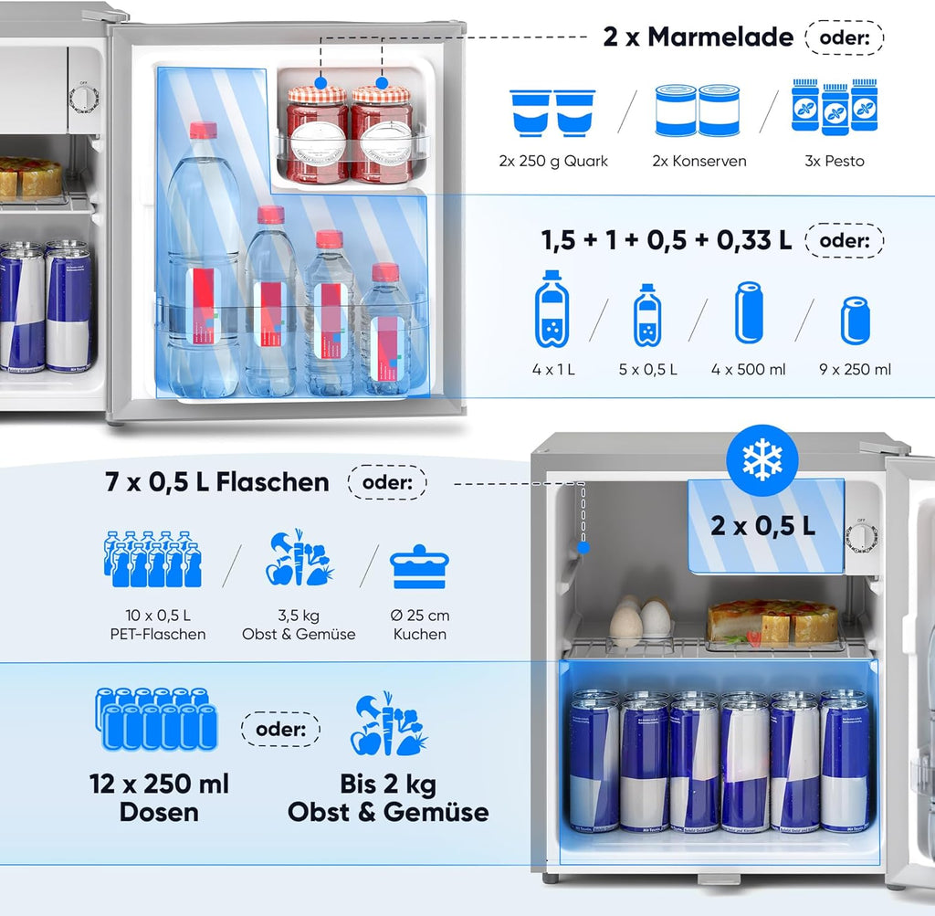 Stillstern Mini Kühlschrank E 45L mit Abtauautomatik, Schloss, Frostfach, Leise, Ideal für Küche, Büro, Schlafzimmer, Hotels und kleine Wohnungen Kühlschrank klein Minibar Getränkekühlschrank